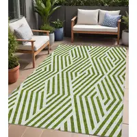 Photo of Lime Green and White Geometric Washable Non Skid Indoor Outdoor Area Rug