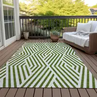 Photo of Lime Green and White Geometric Washable Non Skid Indoor Outdoor Area Rug