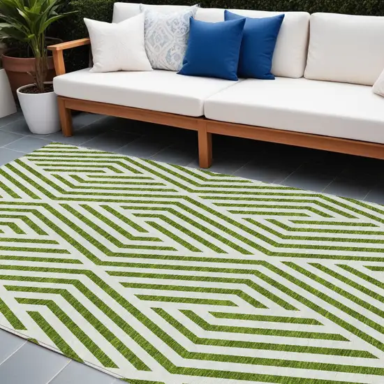 Lime Green and White Geometric Washable Non Skid Indoor Outdoor Area Rug Photo 1