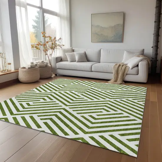 Lime Green and White Geometric Washable Non Skid Indoor Outdoor Area Rug Photo 8