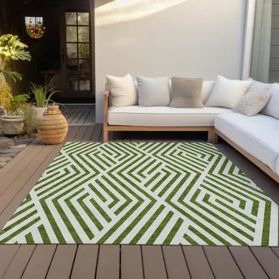 Lime Green and White Geometric Washable Non Skid Indoor Outdoor Area Rug Photo 9