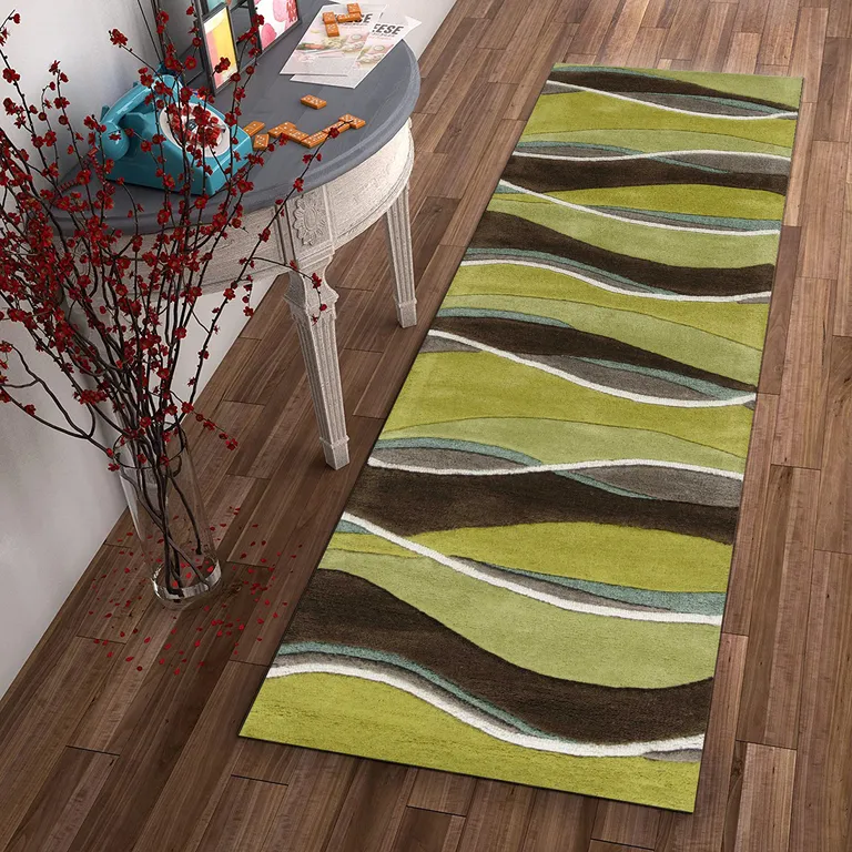 Lime Mocha Hand Tufted Abstract Waves Indoor Runner Rug Photo 4