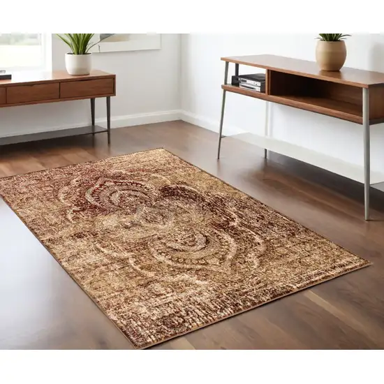 Maroon And Gold Abstract Power Loom Distressed Stain Resistant Area Rug Photo 1