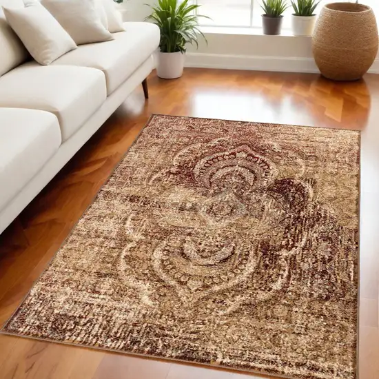 Maroon And Gold Abstract Power Loom Distressed Stain Resistant Area Rug Photo 1