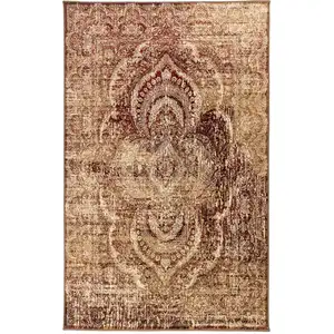 Photo of Maroon And Gold Abstract Power Loom Distressed Stain Resistant Area Rug