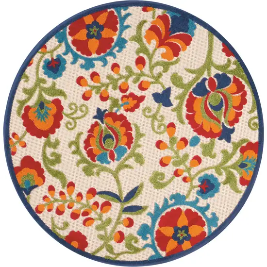 Green And Ivory Round Floral Indoor Outdoor Area Rug Photo 2