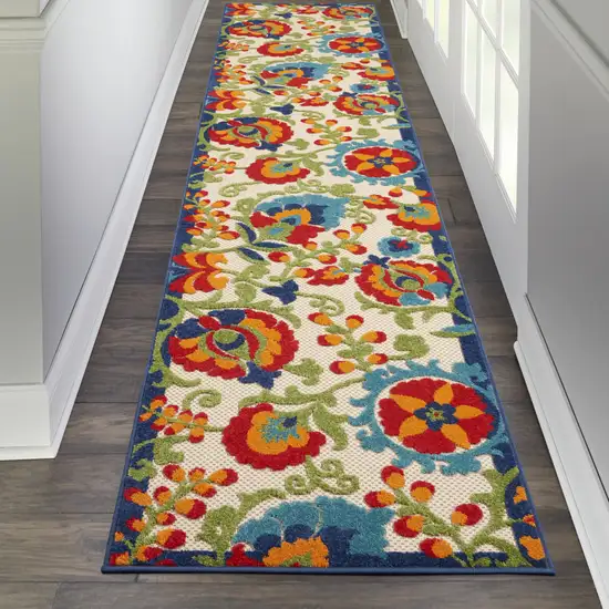 Green And Ivory Floral Indoor Outdoor Runner Rug Photo 6