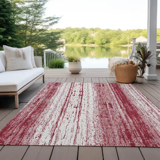 Merlot And Ivory Striped Washable Indoor Outdoor Area Rug Photo 7