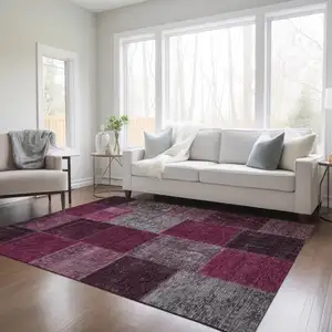 Photo of Merlot Burgundy And Gray Patchwork Washable Indoor Outdoor Area Rug