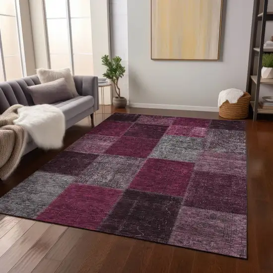 Merlot Burgundy And Gray Patchwork Washable Indoor Outdoor Area Rug Photo 8