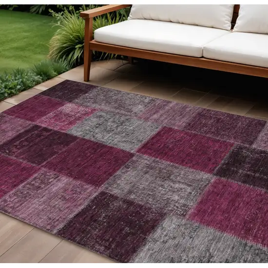 Merlot Burgundy And Gray Patchwork Washable Indoor Outdoor Area Rug Photo 1