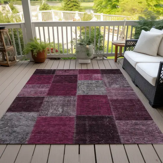 Merlot Burgundy And Gray Patchwork Washable Indoor Outdoor Area Rug Photo 7