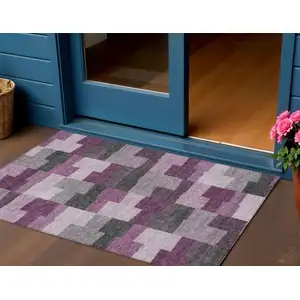 Photo of Merlot Mauve And Charcoal Geometric Washable Indoor Outdoor Area Rug