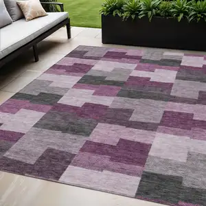 Photo of Merlot Mauve And Charcoal Geometric Washable Indoor Outdoor Area Rug