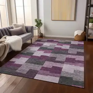 Photo of Merlot Mauve And Charcoal Geometric Washable Indoor Outdoor Area Rug