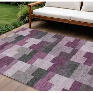 Photo of Merlot Mauve And Charcoal Geometric Washable Indoor Outdoor Area Rug