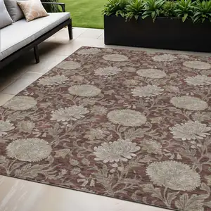 Photo of Merlot Taupe And Beige Floral Washable Indoor Outdoor Area Rug