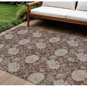 Photo of Merlot Taupe And Beige Floral Washable Indoor Outdoor Area Rug