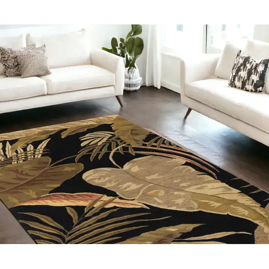 8'X11' Midnight Black Hand Tufted Tropical Leaves Indoor Area Rug Photo 1