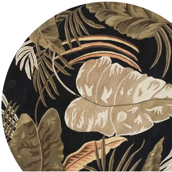 Midnight Black Hand Tufted Tropical Leaves Round Indoor Area Rug Photo 2