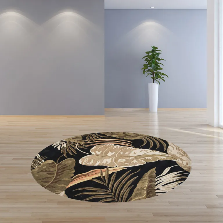 Midnight Black Hand Tufted Tropical Leaves Round Indoor Area Rug Photo 4