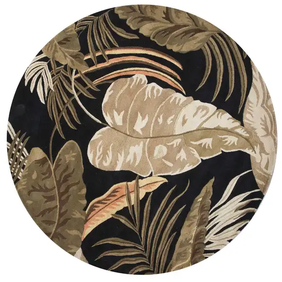 Midnight Black Hand Tufted Tropical Leaves Round Indoor Area Rug Photo 1