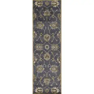 Photo of Midnight Blue Hand Tufted Wool Traditional Floral Indoor Runner Rug