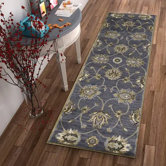 Midnight Blue Hand Tufted Wool Traditional Floral Indoor Runner Rug Photo 4