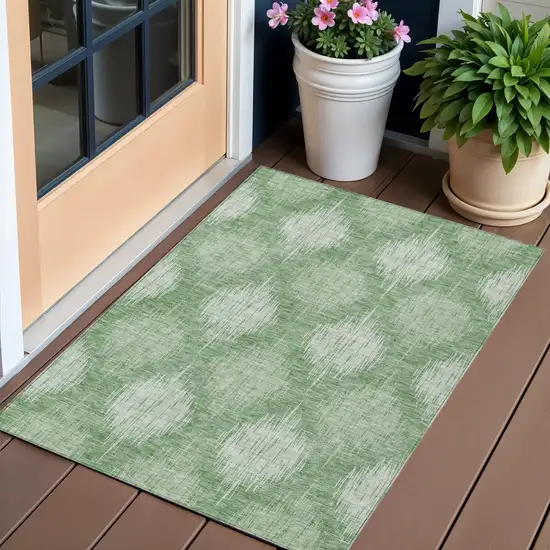 Mint Green And Fern Green Ikat Washable Indoor Outdoor Area Rug Photo 1