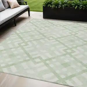 Photo of Mint Green And Ivory Geometric Washable Indoor Outdoor Area Rug