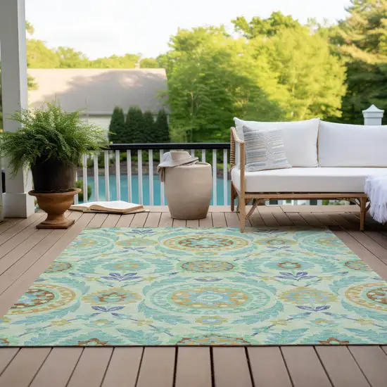 Mint Green Teal Blue And Beige Floral Washable Indoor Outdoor Area Rug Photo 9