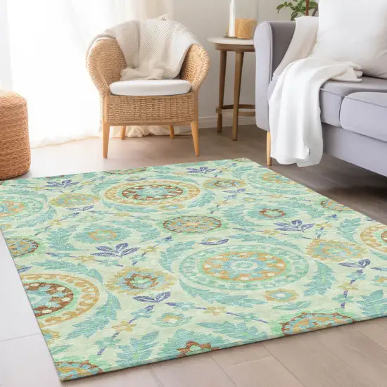 Mint Green Teal Blue And Beige Floral Washable Indoor Outdoor Area Rug Photo 7