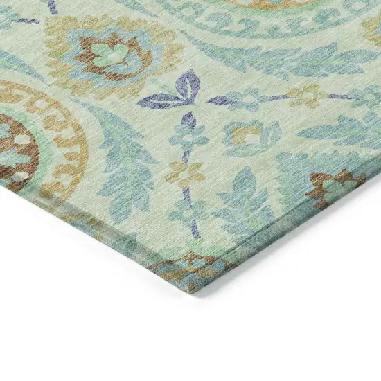 Mint Green Teal Blue And Beige Floral Washable Indoor Outdoor Area Rug Photo 3