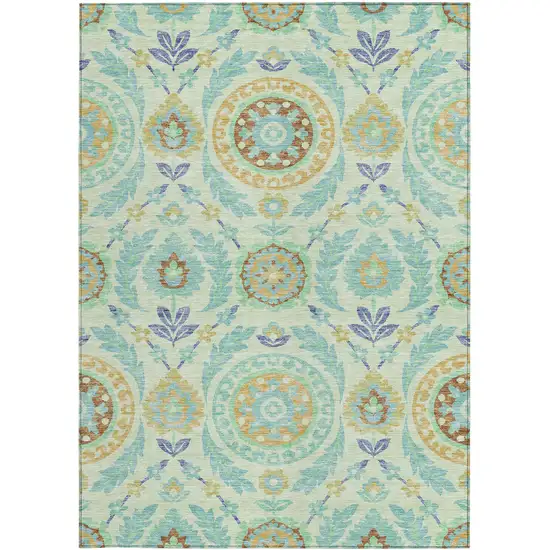 Mint Green Teal Blue And Beige Floral Washable Indoor Outdoor Area Rug Photo 5