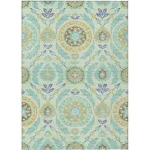 Photo of Mint Green Teal Blue And Beige Floral Washable Indoor Outdoor Area Rug