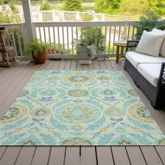 Mint Green Teal Blue And Beige Floral Washable Indoor Outdoor Area Rug Photo 6