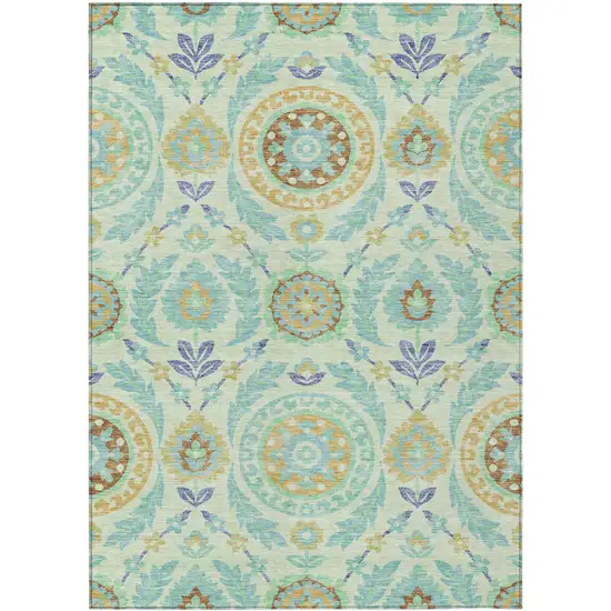 Mint Green Teal Blue And Beige Floral Washable Indoor Outdoor Area Rug Photo 1