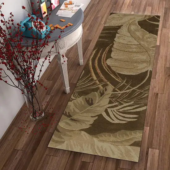 Mocha Brown Hand Tufted Tropical Leaves Indoor Runner Rug Photo 4