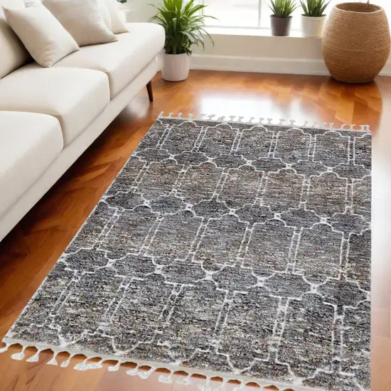 Mocha Geometric Abstract Trellis Indoor Area Rug With Fringe Photo 1