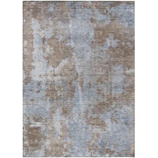 Mocha and Blue Abstract Washable Non Skid Indoor Outdoor Area Rug Photo 2