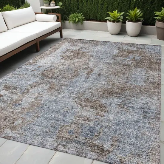 Mocha and Blue Abstract Washable Non Skid Indoor Outdoor Area Rug Photo 1