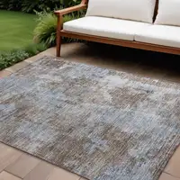 Photo of Mocha and Blue Abstract Washable Non Skid Indoor Outdoor Area Rug