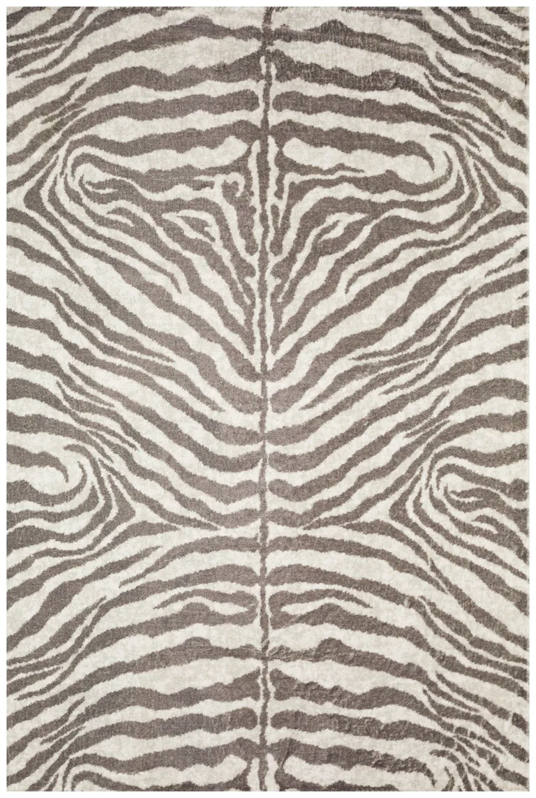 Mocha and Cream Round Zebra Print Shag Handmade Non Skid Area Rug Photo 1