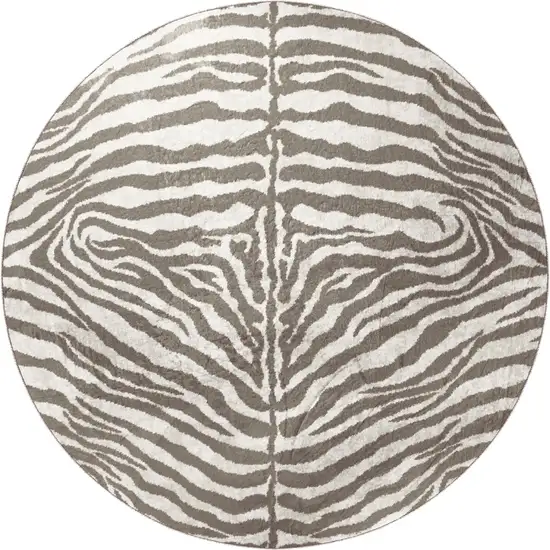 8' X 8' Mocha and Cream Round Zebra Print Shag Handmade Non Skid Area Rug Photo 5