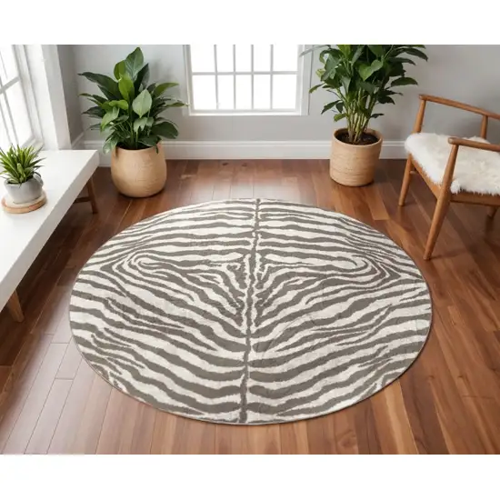 8' X 8' Mocha and Cream Round Zebra Print Shag Handmade Non Skid Area Rug Photo 1