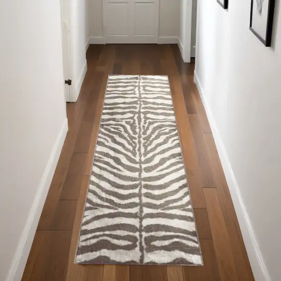 2' X 8' Mocha and Cream Zebra Print Shag Handmade Non Skid Runner Rug Photo 1