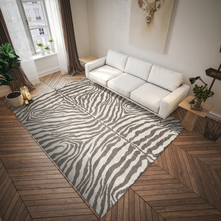 Mocha and Cream Zebra Print Shag Handmade Non Skid Runner Rug Photo 3