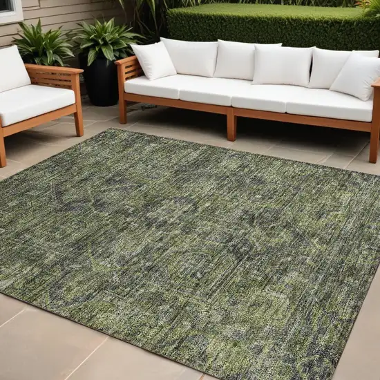 Moss Green and Gray Oriental Washable Non Skid Indoor Outdoor Area Rug Photo 1