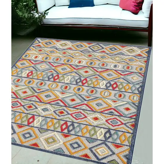 Ivory And Blue Southwestern Stain Resistant Indoor Outdoor Area Rug Photo 1