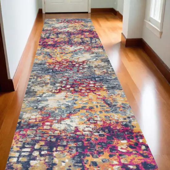 Blue And Gold Abstract Dhurrie Runner Rug Photo 1